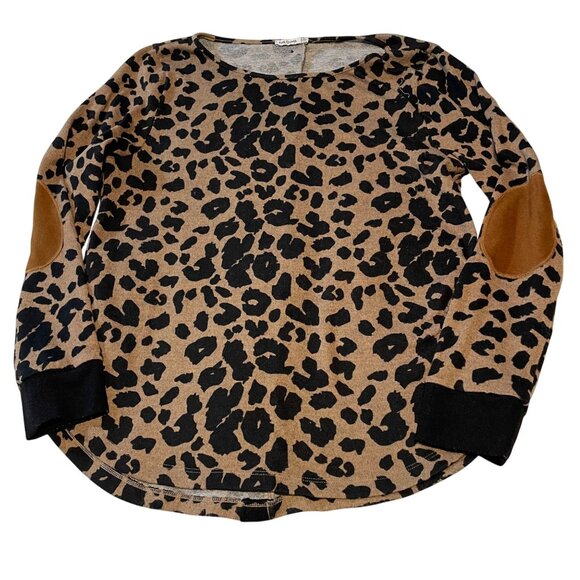 Leopard Large Petite Long Sleeve Top Faux Suede Elbow Pink Clover Shirt - Picture 1 of 8